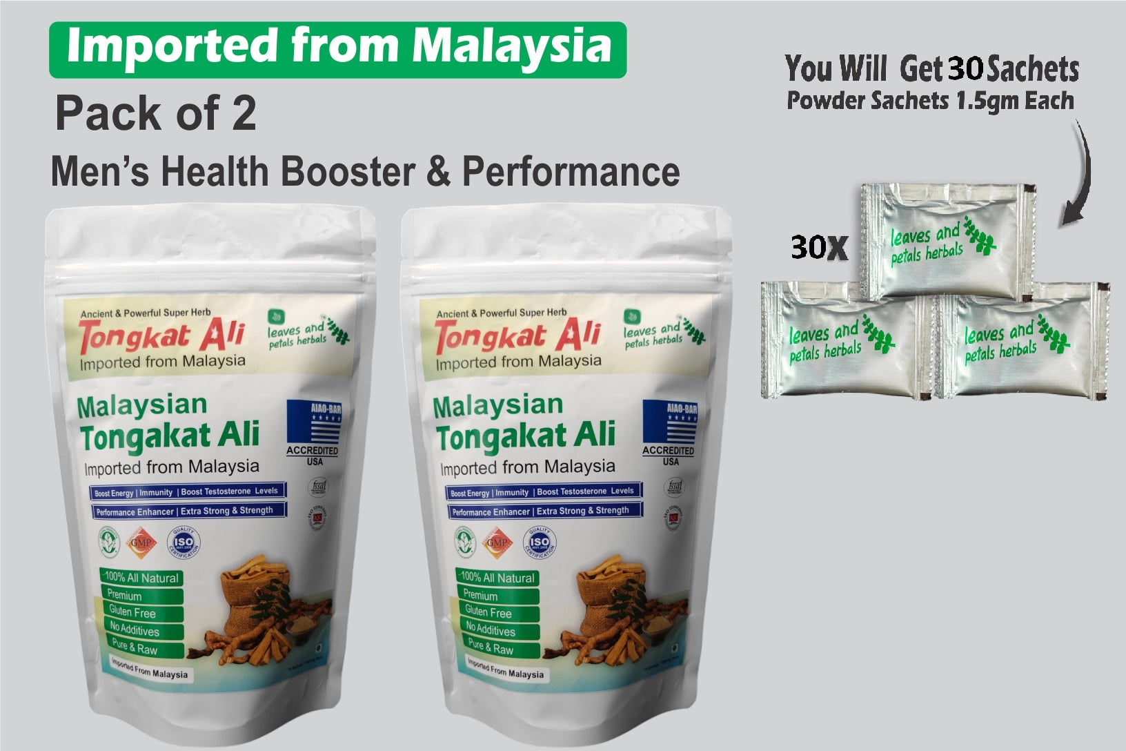 TONGKAT ALI PACK OF 2 CONTAINS 30 SACHETS 1.5G EACH  Long Jack Tongkat Ali Extract Powder IMPORTED FROM MALAYSIA